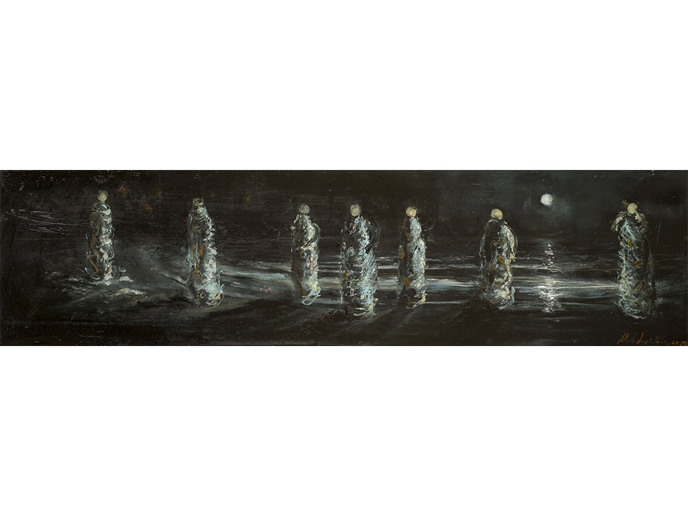 113 Caminantes de la luna, óleo sobre tela, 50 x 200 cm 